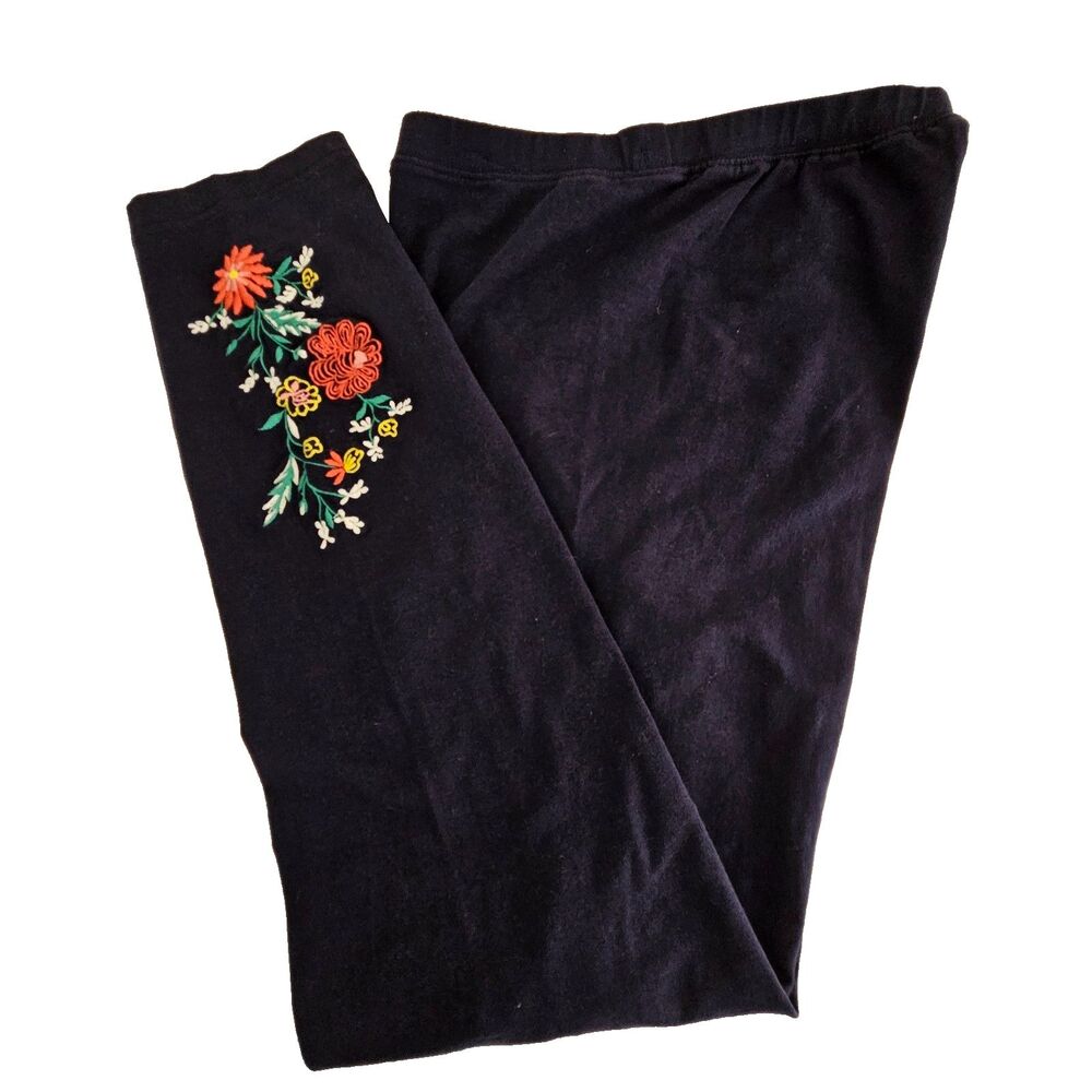 Woman Within Ankle Pants Large 18-20 Navy Blue Pull On Floral Embroidery